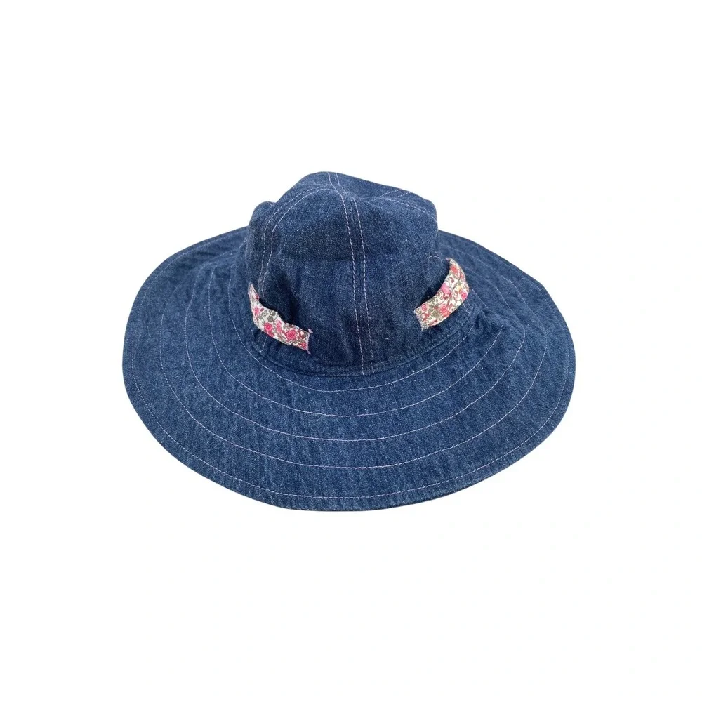 San Diego Hat Co Girls Denim Sun Hat Blue Floral‎ Wide Brim 2-4 Years